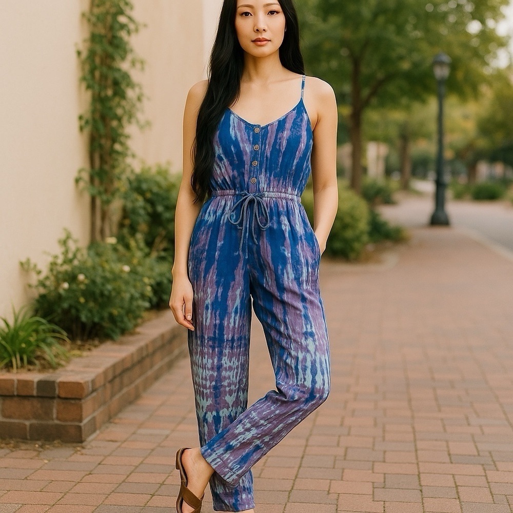 100% Silk Chiffon Tie Dyed Jumpsuit Straight Leg Blue/Viole…Boho